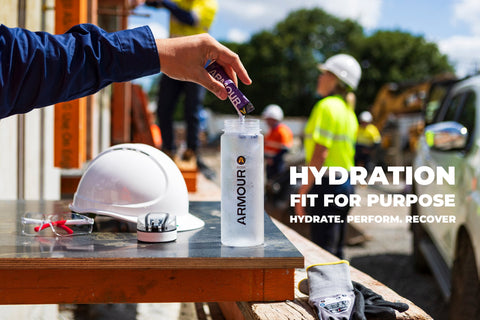 Body Armour Hydrate sample pack sachet used at a construction site