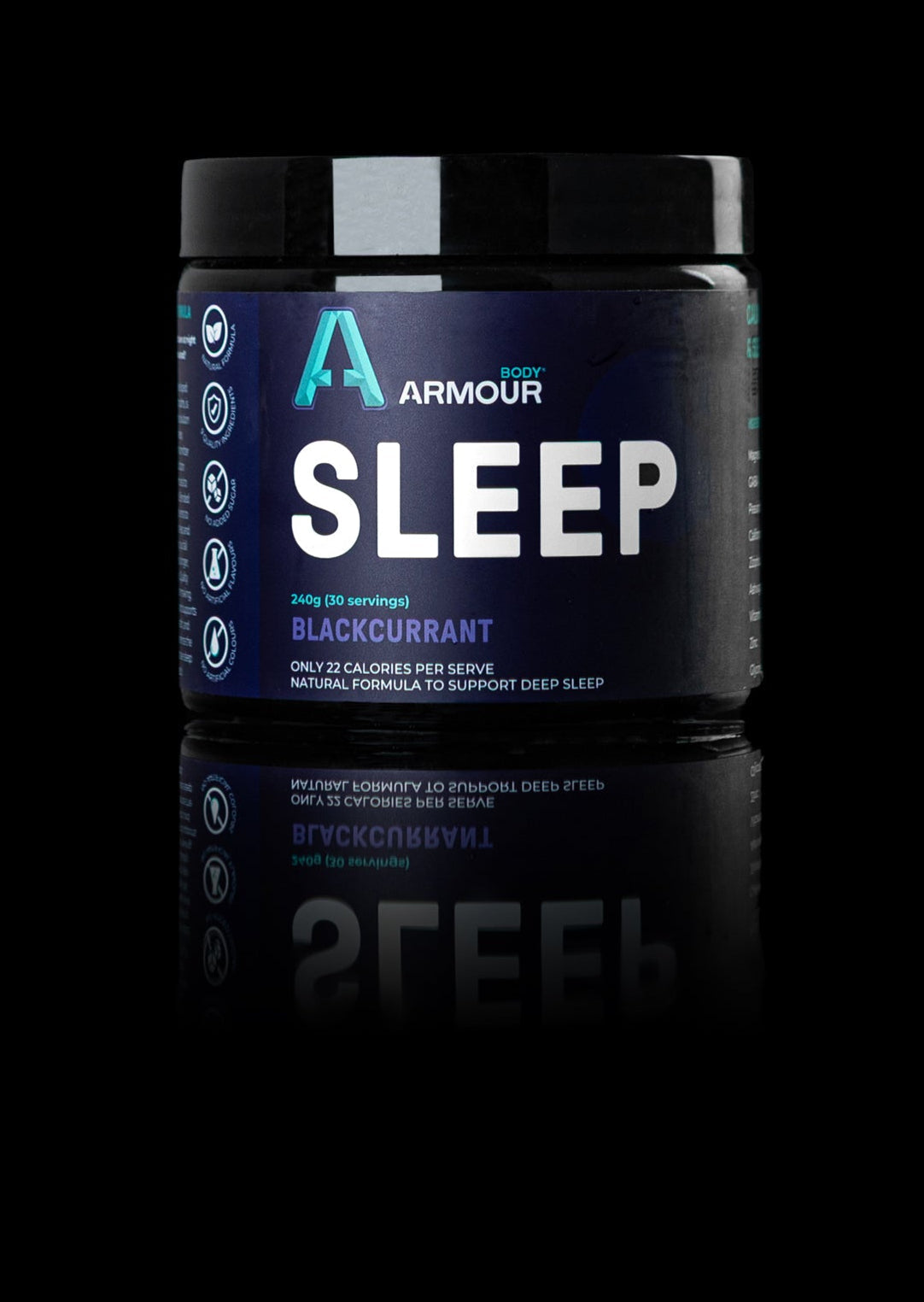 Body Armour Sleep supplement container on a black background